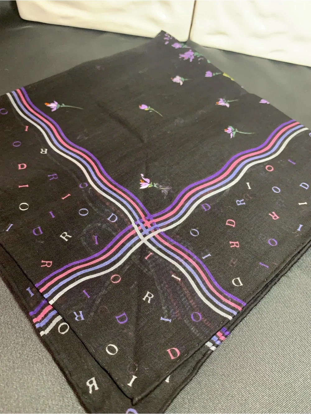 Christian Dior Floral Silk Scarf — Black with Purple & Pink Bouquet